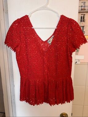 Red Lace Button‑Front Peplum Blouse